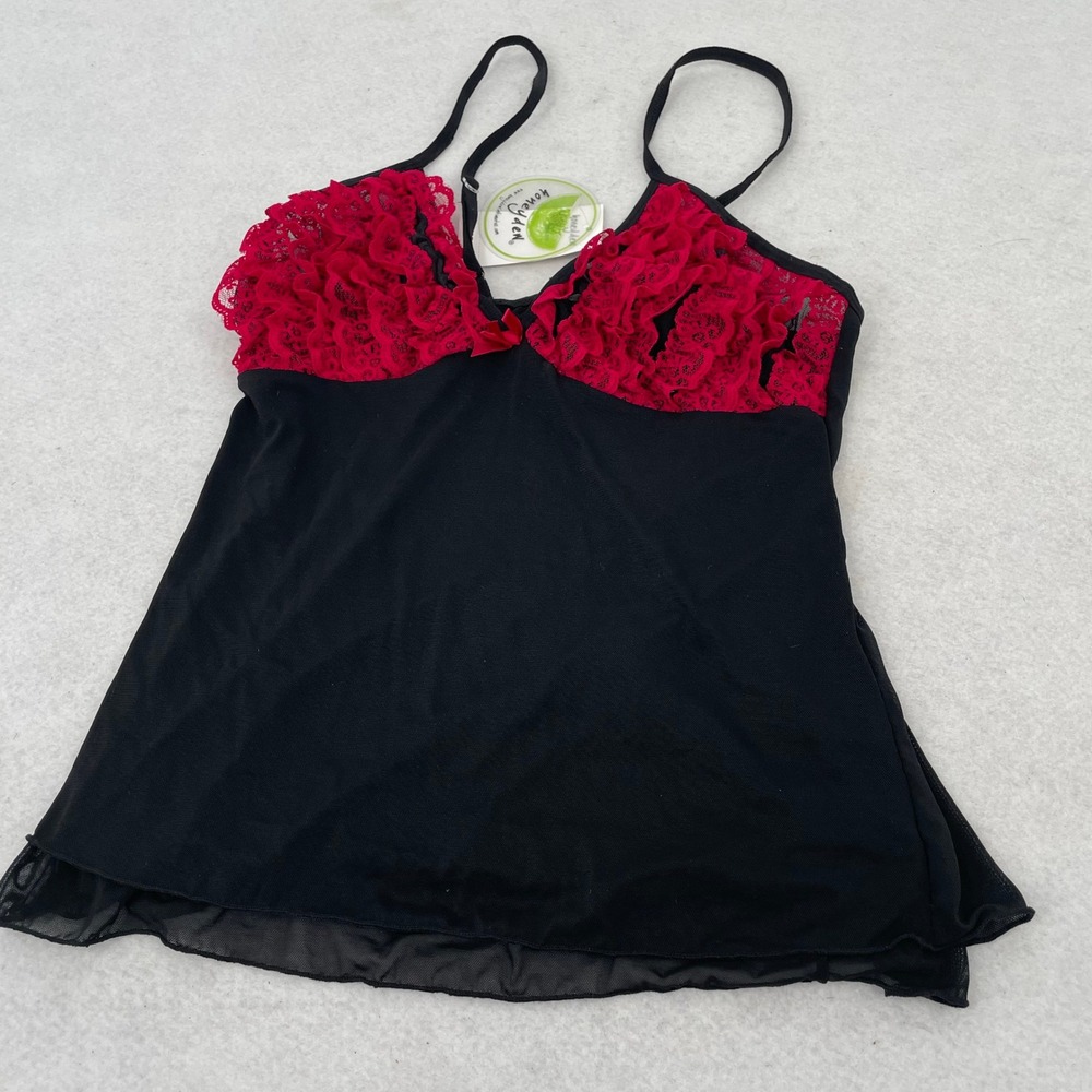Honeydew Intimates Black Red Lace Ruffle Mesh Camisole Babydoll Top Medium 015